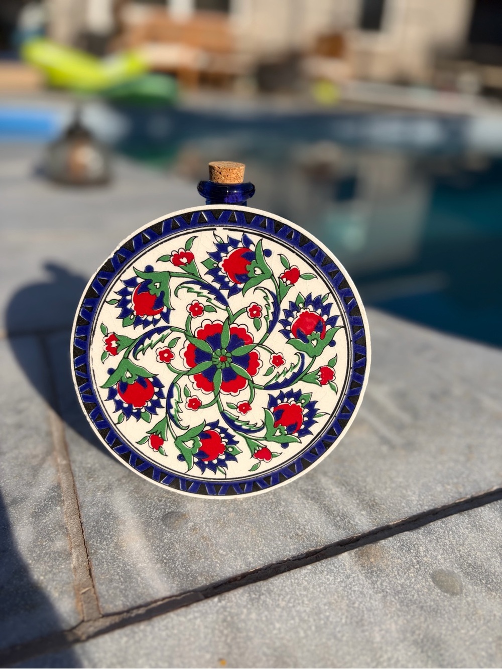 Hand-Painted Floral Ceramic Wall Plate - Blue, Red & Green